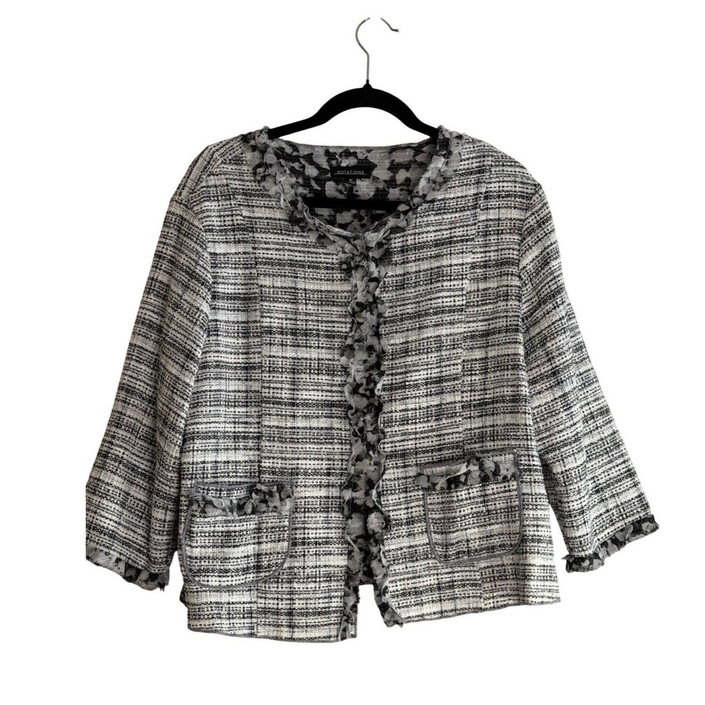 Notations Women Black White Tweed Ruffle Trim Open Front Jacket XL Quiet Luxury